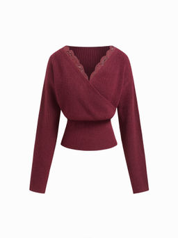 Cider - Knit V-neck Solid Lace Trim Wrap Long Sleeve Top