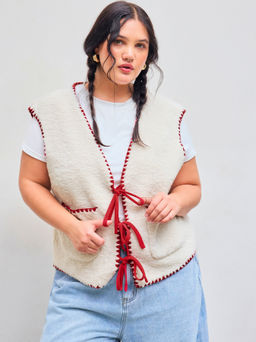 Cider - Fleece V-neck Tie Front Bow Contrasting Binding Pocket Jacket Vest Curve & Plus