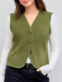 Cider - Wool-look V-neck Contrasting Binding Jacket Vest