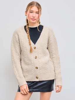 Cider - Cable Knit Wool-blend V-neck Solid Button Cardigan