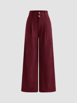 Cider - Corduroy High Rise Solid Pleated Double Button Pocket Wide Leg Trousers