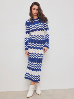 Cider - Wool-blend Round Neckline Striped Hollow Out Knitted Midi Dress