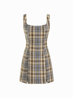 Cider - Scoop Neckline Checks Zipper Mini Dress