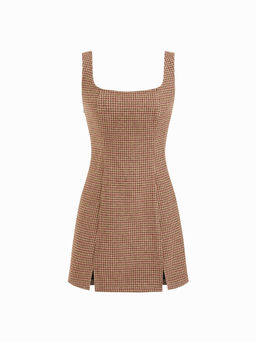 Cider - Scoop Neckline Checks Zipper Mini Dress