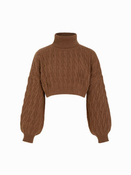 Cider - Cable Knit Turtleneck Solid Long Sleeve Crop Top