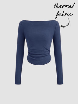 Cider - Thermal Cotton-blend Boat Neck Solid Ruched Long Sleeve Top