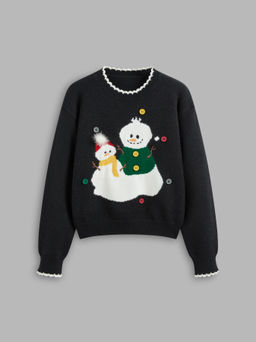 Cider - Wool-blend Knit Round Neckline Snowman Button Sweater