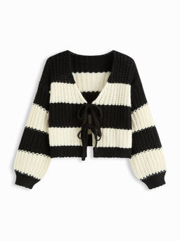 Cider - Knit V-neck Striped Tie Front Oversized Cardigan Curve & Plus