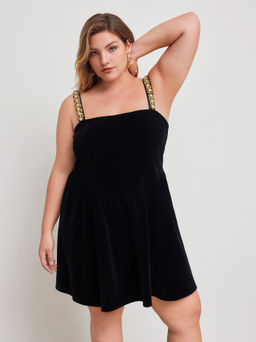 Cider - Velvet Solid Ruffle Rhinestone Shoulder Straps Mini Dress Curve & Plus