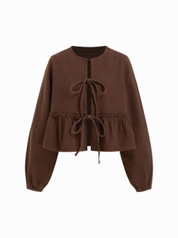 Cider - Denim Round Neckline Tie Front Ruffle Hem Jacket