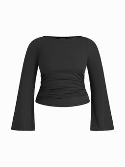 Cider - Boat Neck Solid Ruched Long Sleeve Top Curve & Plus