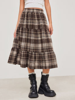 Cider - Woven High Rise Check Ruffle Tiered Maxi Skirt