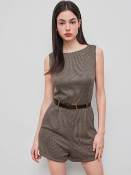 Cider - Boat Neck Houndstooth Romper With Belt