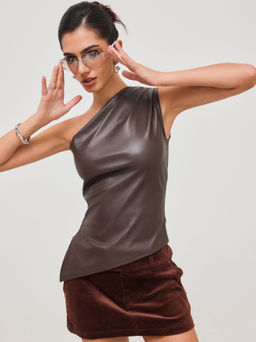 Cider - Faux Leather Asymmetrical Neck Solid Ruched Top