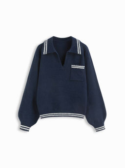 Cider - Wool-blend Collar Striped Trim Oversized Sweater