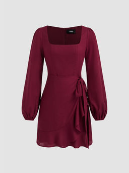 Cider - Linen-blend Square Neck Knotted Wrap Mini Dress