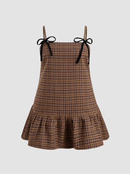 Cider - Plaid Ruffle Bowknot Babydoll Mini Dress Cueve & Plus