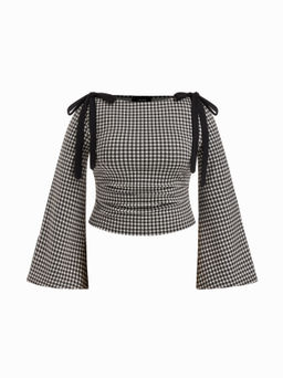 Cider - Boat Neck Gingham Bowknot Ruched Long Sleeve Top Curve & Plus