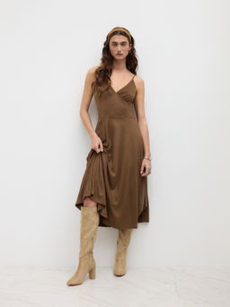 Cider - Suede V-neck Ruffle Midi Dress