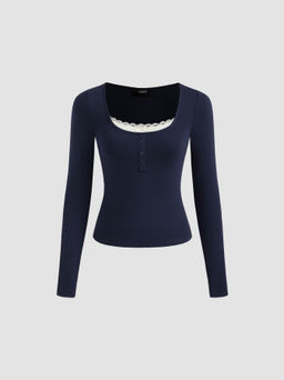 Cider - Square Neck Lace Trim Two Tone Long Sleeve Top