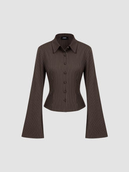 Cider - Collar Striped Cinched Waist Bell Sleeve Shirt