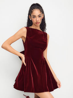 Cider - Velvet Boat Neck Bow Backless Mini Dress