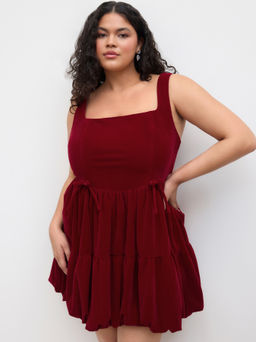 Cider - Velvet Lace Up Bowknot Bubble Hem Mini Dress Curve & Plus