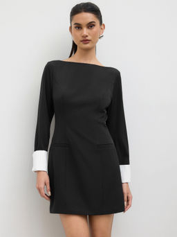 Cider - Boat Neck Roll-Up Sleeve Mini Dress