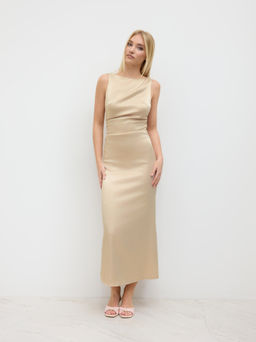 Cider - Satin Boat Neck Backless Ruched Maxi Dress