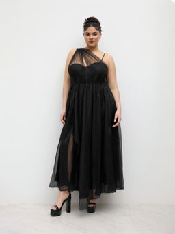 Cider - Mesh Asymmetrical Neck Glitter Corset Maxi Dress Curve & Plus
