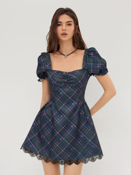 Cider - Sweetheart Neckline Check Lace Trim Puff Sleeve Mini Dress