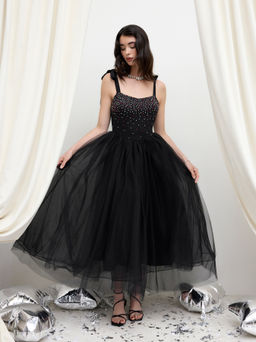 Cider - Tulle Square Neck Rhinestone Knotted Maxi Dress