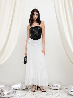 Cider - Sequin Pleated Patched Lace Up Bandeau Maxi Dress