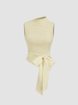 Cider - 100% Cotton Asymmetrical Neck Bowknot Button Tank Top