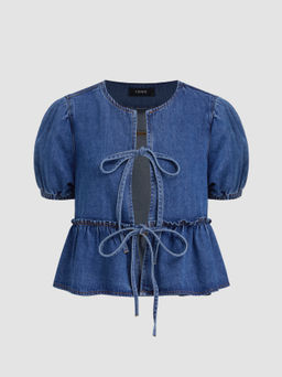 Cider - Denim Tie Front Bow Puff Sleeve Oversized Blouse