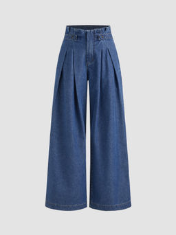 Cider - Denim Mid Rise Pleated Wide Leg Jeans