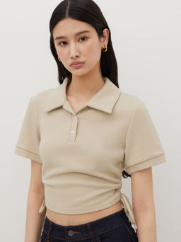 Cider - Cotton-blend Collar Drawstring Short Sleeve Top
