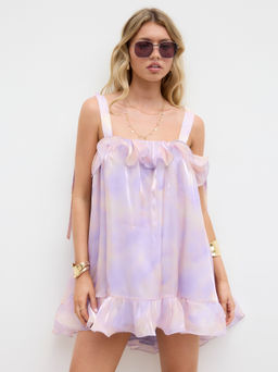 Cider - Square Neck Illusion Ruffle Hem Knotted Cami Mini Dress