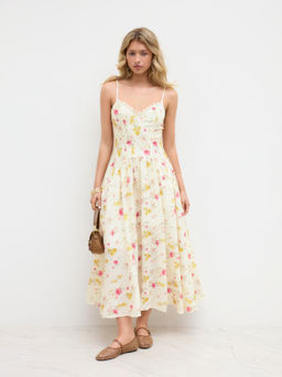 Cider - V-neck Floral Broderie Anglaise Trim Ruffle Midi Dress