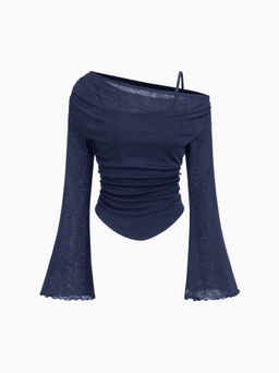 Cider - Asymmetrical Neck Ruched Lettuce Trim Top