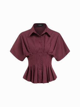 Cider - Cotton-blend Collar Stripe Pleated Cinched Waist Shirt