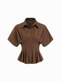 Cider - Cotton-blend Collar Stripe Pleated Cinched Waist Shirt