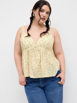 Cider - Cotton-blend V-neck Floral Lettuce Trim Ruffle Cami Top Curve & Plus