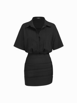 Cider - Collar Stripe Button Ruched Mini Shirt Dress