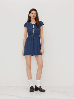 Cider - Denim Cut Out Tie Front Bowknot Mini Dress