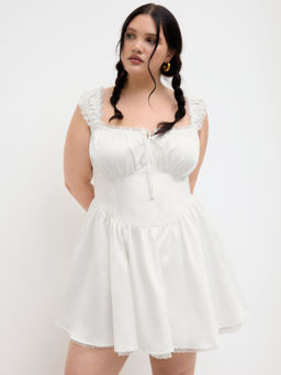 Cider - Satin Square Neck Lettuce Trim Ruffle Hem Knotted Mini Dress Curve & Plus