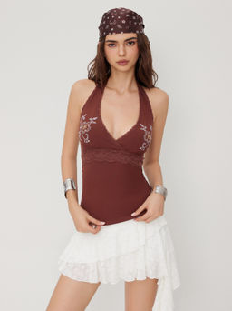 Cider - Halter Neckline Floral Embroidery Lace Trim Tank Top