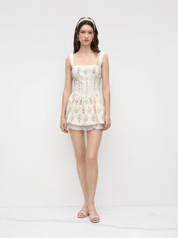 Cider - Linen-blend Floral Broderie Anglaise Trim Layered Lace Up Mini Dress