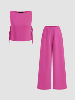 Cider - Cotton-blend Boat Neck Knotted Top With Shirred Straight Leg Trousers Set