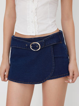 Cider - Stretch Denim Low Rise Wrap Belted Micro Mini Skort